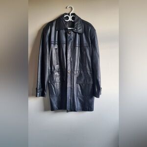 Men’s Vintage Black Leather Jacket Coat • XL • Crest Lined • Mid-Length •